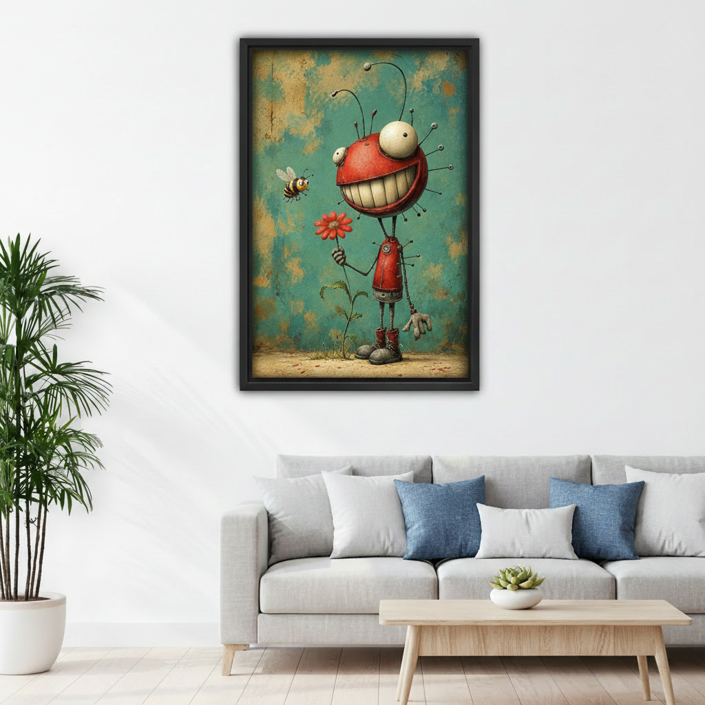 Framed whimsical creature and bee canvas wall art displayed above a white sofa with blue pillows.