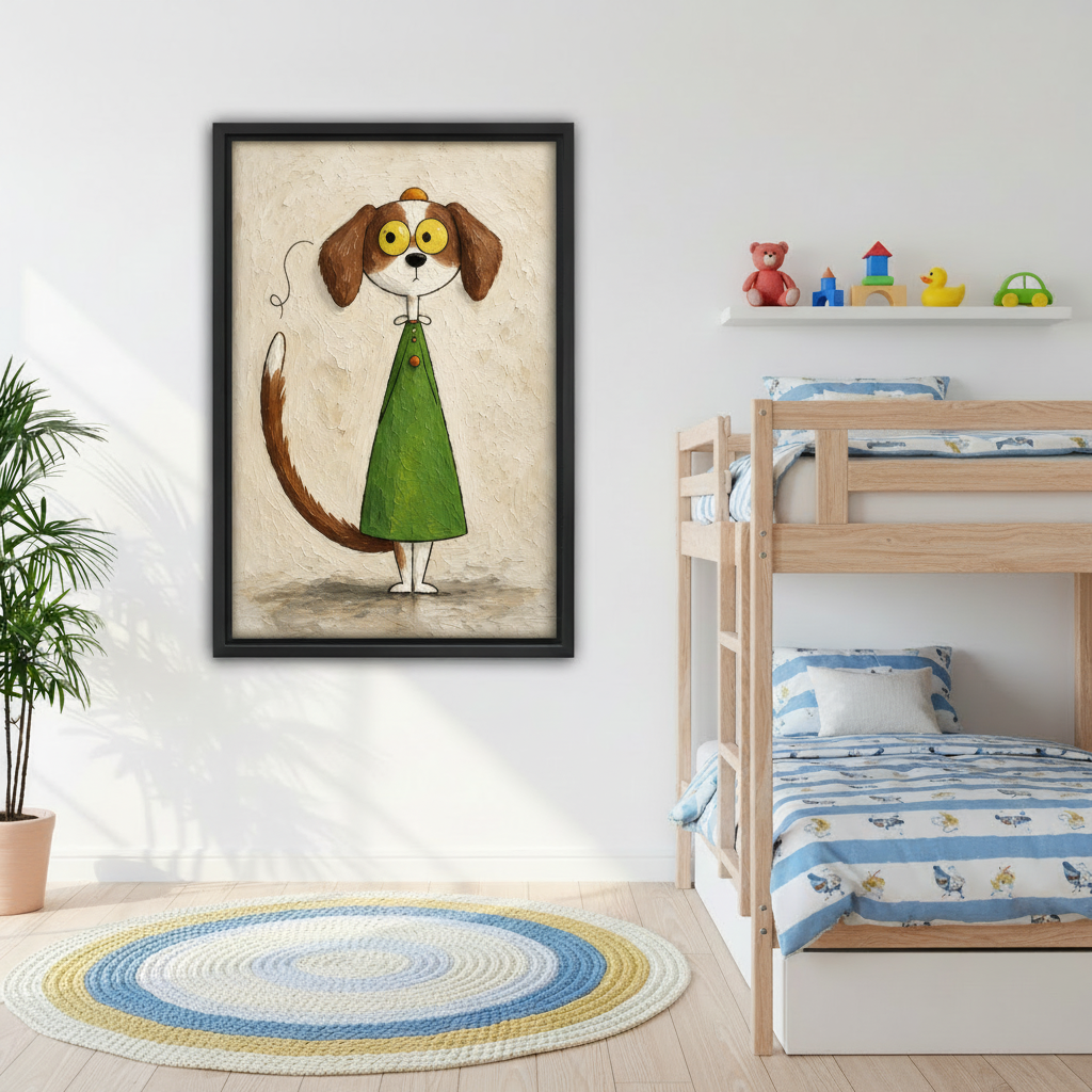 Framed whimsical dog wall art featuring a green coat and floppy ears, displayed beside wooden bunk beds.