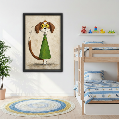 Framed whimsical dog wall art featuring a green coat and floppy ears, displayed beside wooden bunk beds.