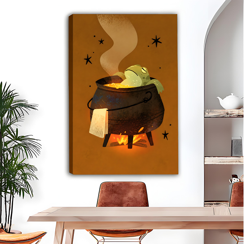 Framed whimsical frog cauldron canvas wall art above a light sofa in a modern living room.