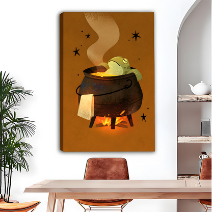 Framed whimsical frog cauldron canvas wall art above a light sofa in a modern living room.