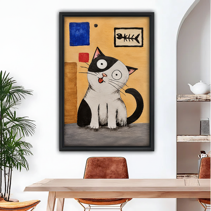 Framed whimsical tuxedo cat canvas wall art displayed beside a dining table in a bright interior.