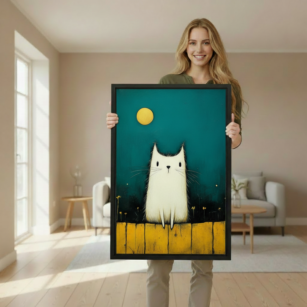 Woman holding framed white cat moon canvas wall art to demonstrate its vertical size and appearance.