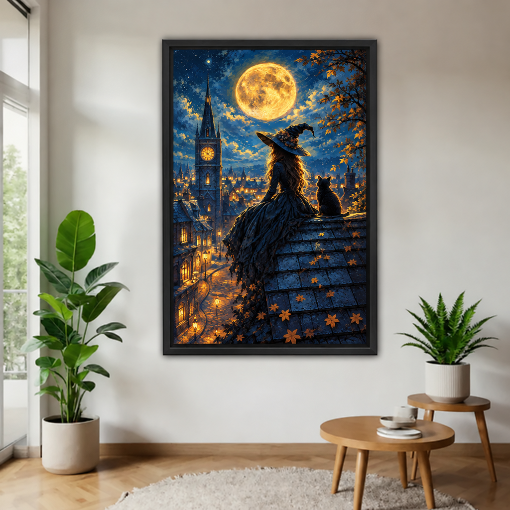 Framed witch and black cat canvas wall art shows a witch and cat beneath a golden moon above a city.