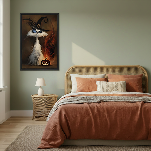 Framed witch cat Halloween canvas wall art with a glowing jack-o'-lantern above a warm neutral bed