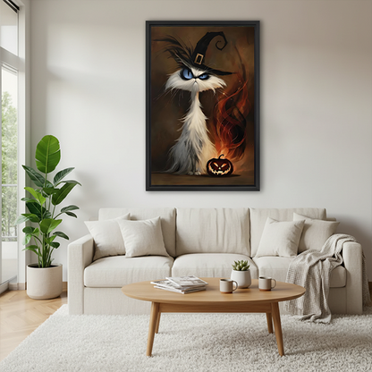 Framed witch cat Halloween canvas wall art with a glowing pumpkin displayed between indoor plants