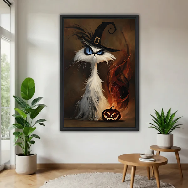 Witch cat Halloween canvas wall art with a glowing pumpkin displayed beside leafy plants in a bright room