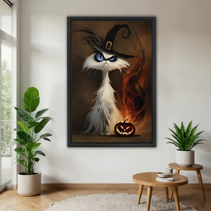 Witch cat Halloween canvas wall art with a glowing pumpkin displayed beside leafy plants in a bright room