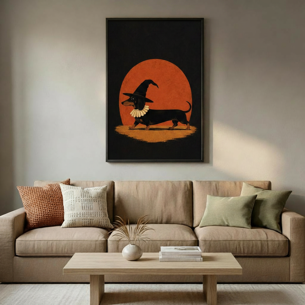 Framed witch dachshund Halloween canvas wall art adding vintage seasonal charm above a neutral sofa.