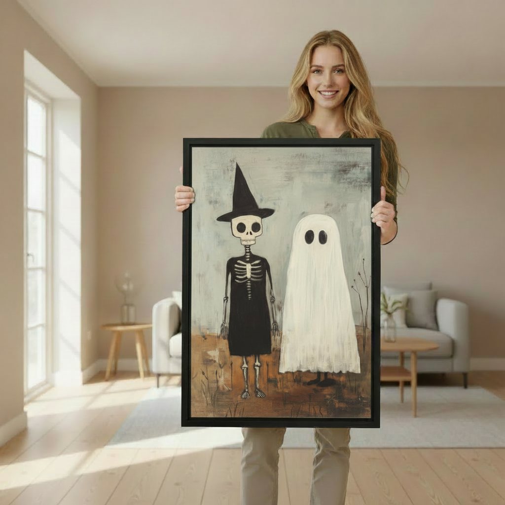 Woman holding framed witch and ghost Halloween canvas wall art to demonstrate its vertical size and appearance.