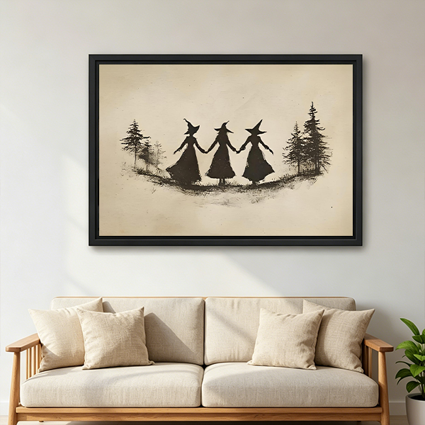 Whimsical witch trio canvas wall art held by a smiling woman in a bright room.