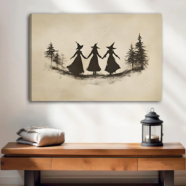 Framed witch trio canvas wall art above a cream sofa in a bright living room.