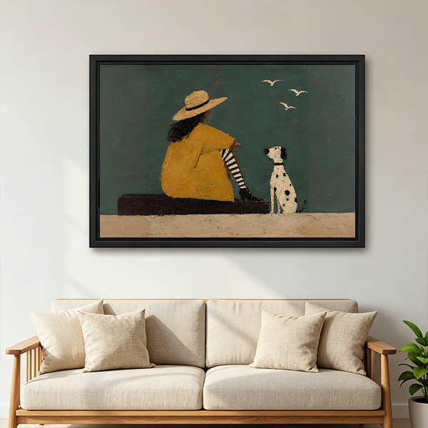 Framed contemporary woman and dog canvas wall art displayed above a neatly made bed.