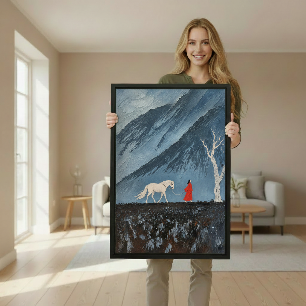 Woman holding framed woman and white horse canvas wall art to demonstrate its vertical size and appearance.