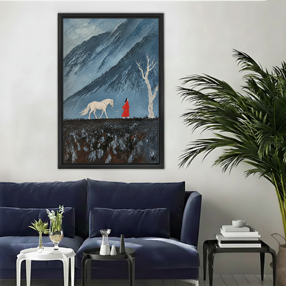  Framed woman and white horse canvas wall art with a moody gray-blue mountain landscape.
