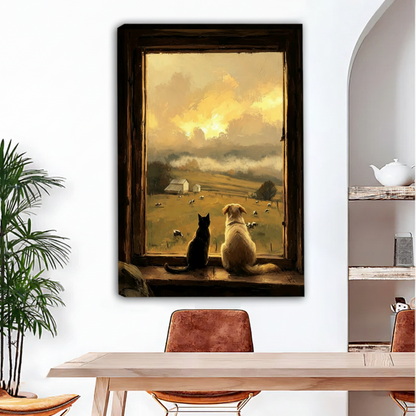 Frameless gallery wrap canvas print — cat and dog watching amber sunset over misty pastoral meadow through old wooden window, farmhouse wall art for living room