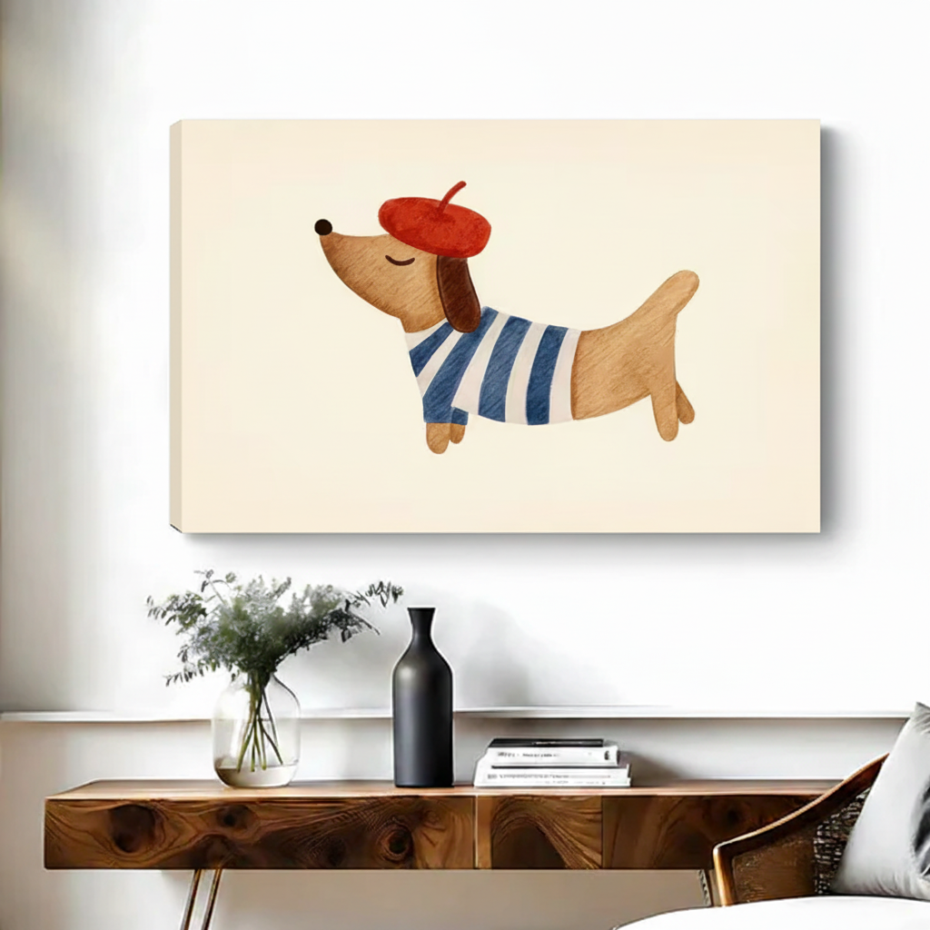 Frameless gallery wrap canvas of French dachshund in red beret above wood console with vase in bright living room