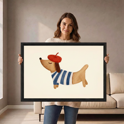 Woman holding large French dachshund whimsical dog framed canvas art to show size scale in living room