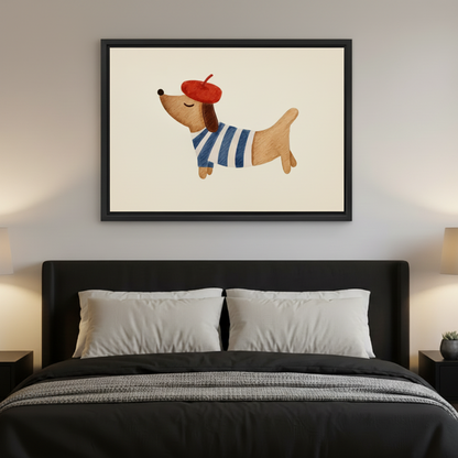 French dachshund whimsical dog framed canvas art centered above dark 