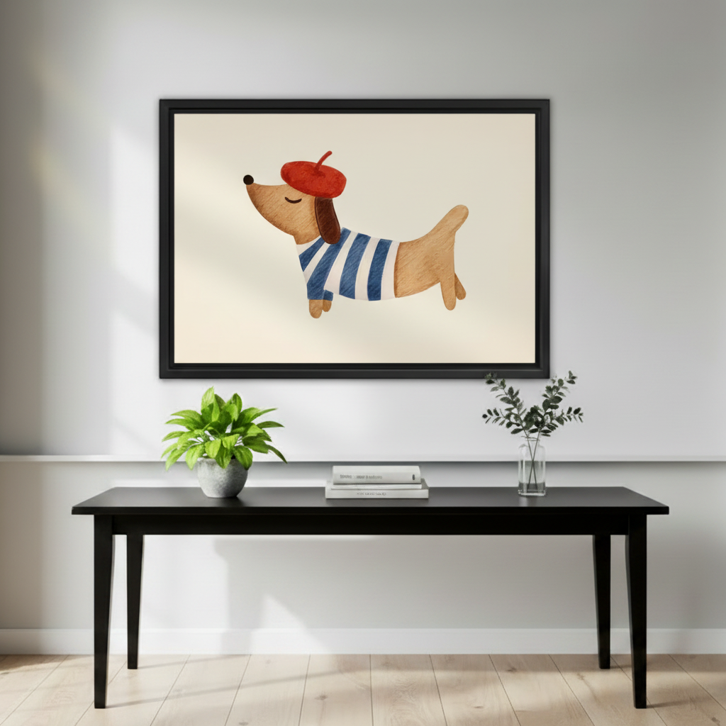 Whimsical French dachshund in red beret framed canvas wall art above black console table with plants in modern entryway