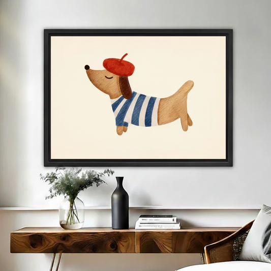 French dachshund in red beret and blue stripe shirt framed canvas wall art above rustic wood console in warm living room