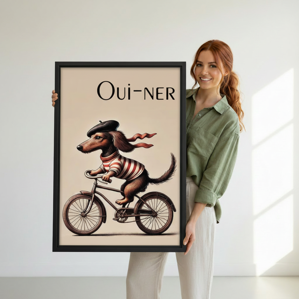 Smiling woman holding large French dachshund Oui-ner bicycle vintage poster wall art print with black frame, white studio background