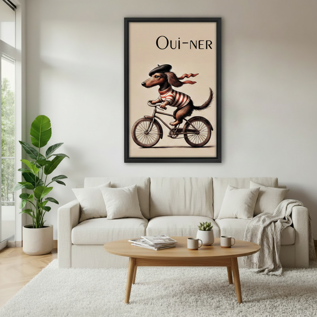 French dachshund Oui-ner bicycle vintage poster art in black frame above cream sofa in bright Scandinavian living room with fiddle leaf fig plant