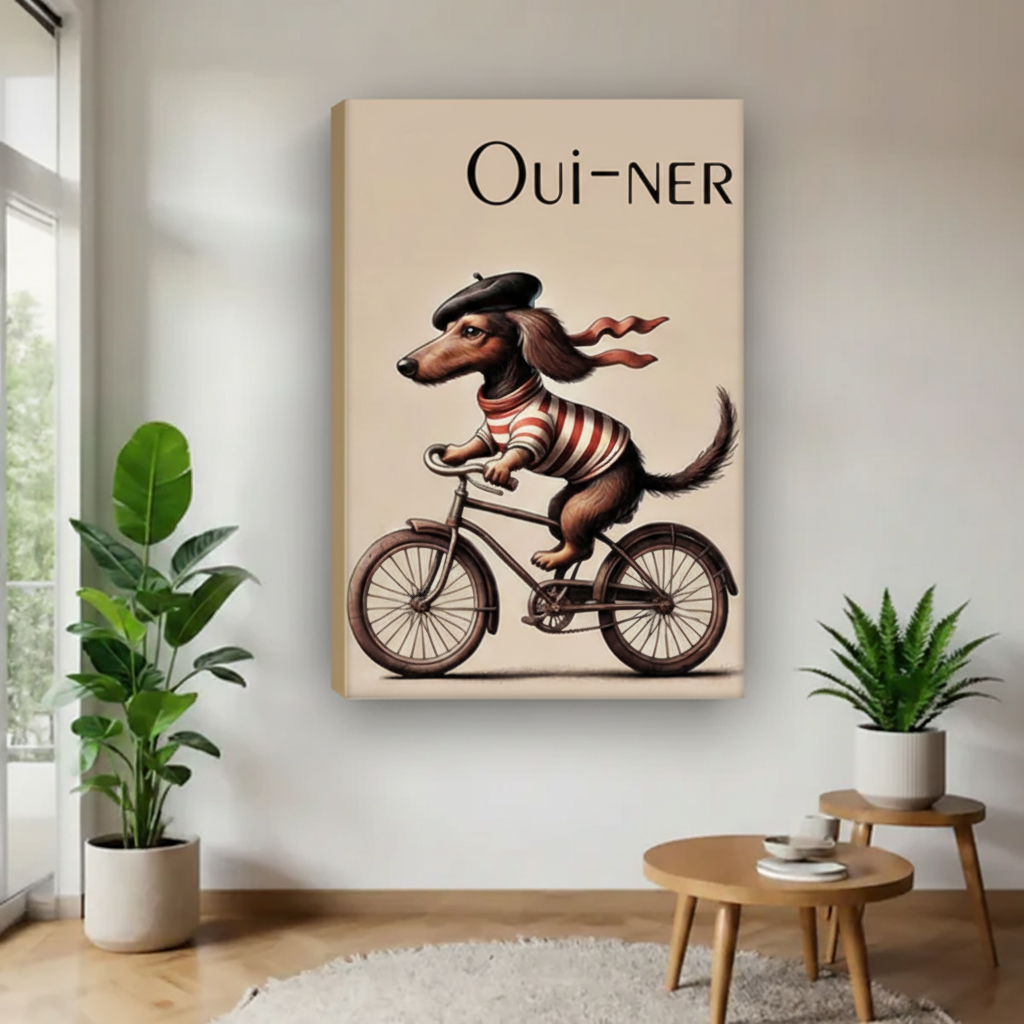 Frameless gallery wrap canvas of French dachshund Oui-ner bicycle retro poster art on white wall in bright minimalist entryway with green plants