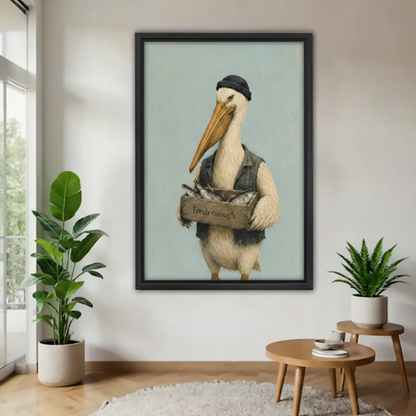 Black framed humorous pelican in beanie and denim vest carrying a Fresh Enough fish crate, displayed between tropical potted plants in a modern hallway