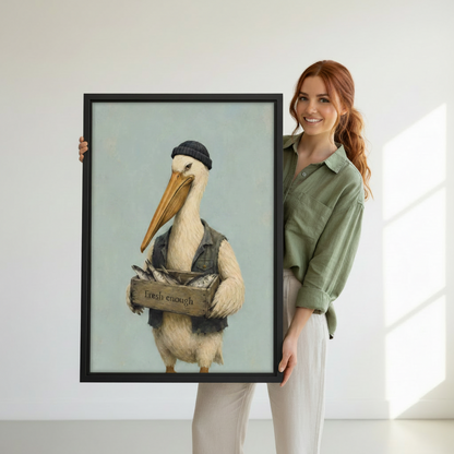 Woman holding a large black-framed pelican fisherman canvas print featuring a beanie-wearing pelican in a denim vest carrying a Fresh Enough labeled wooden crate of fish