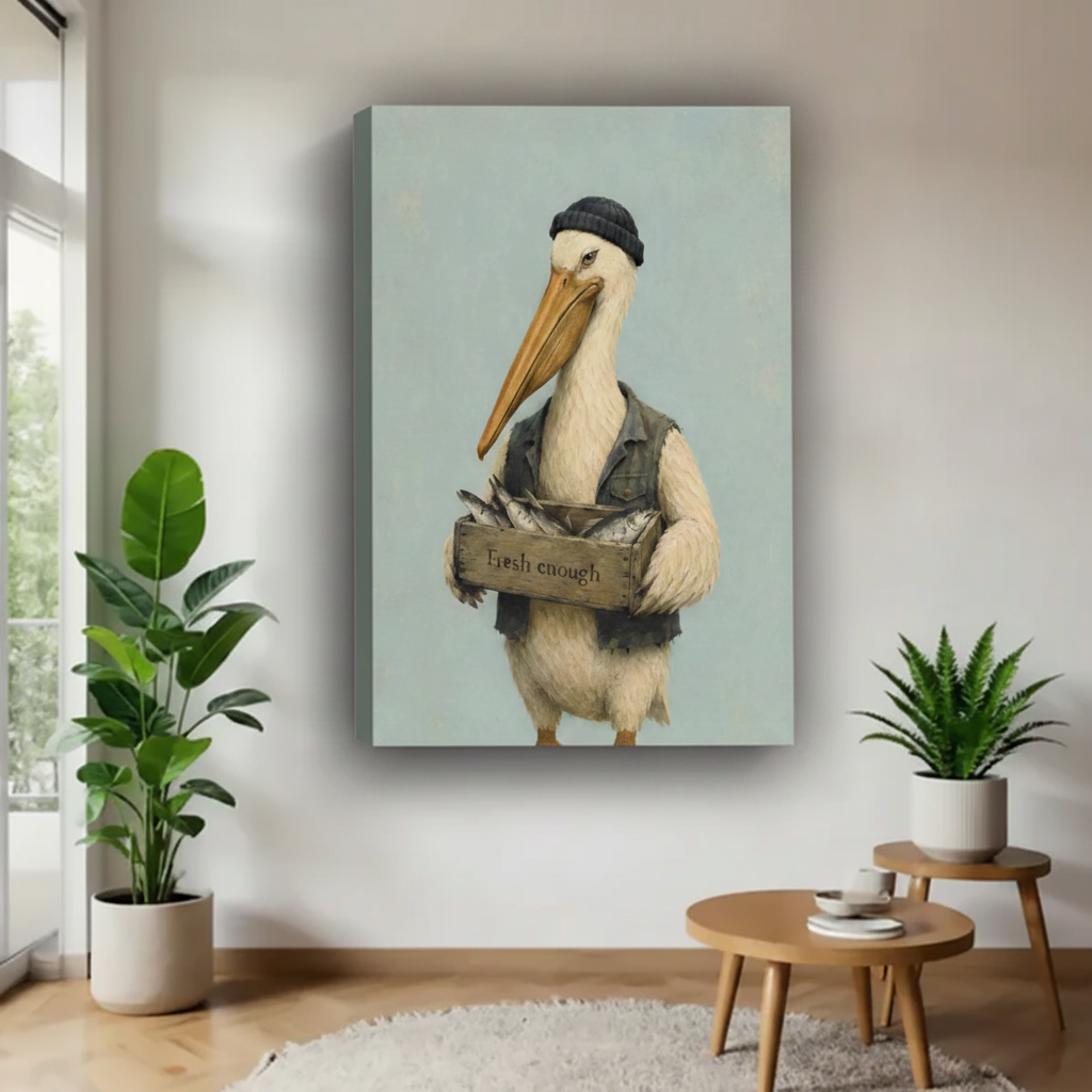Frameless gallery-wrap canvas of a whimsical pelican fisherman holding a wooden fish crate with Fresh Enough text, hung between green plants in a Scandinavian living room