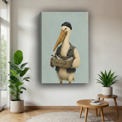 Frameless gallery-wrap canvas of a whimsical pelican fisherman holding a wooden fish crate with Fresh Enough text, hung between green plants in a Scandinavian living room