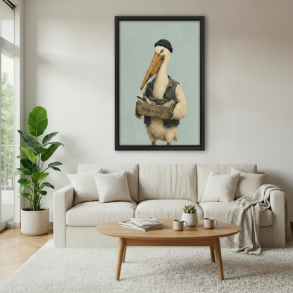 Framed canvas wall art of a pelican dressed as a fisherman in a denim vest and beanie hat holding a wooden crate of fish labeled Fresh Enough, displayed above a white sofa in a bright living room