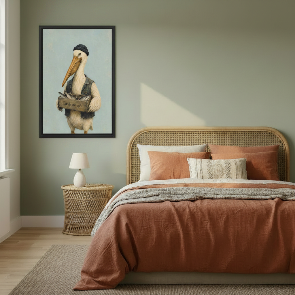 Black framed pelican fisherman art print with Fresh Enough fish crate, hung on a sage green bedroom wall beside a rattan bed with terracotta bedding