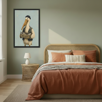 Black framed pelican fisherman art print with Fresh Enough fish crate, hung on a sage green bedroom wall beside a rattan bed with terracotta bedding