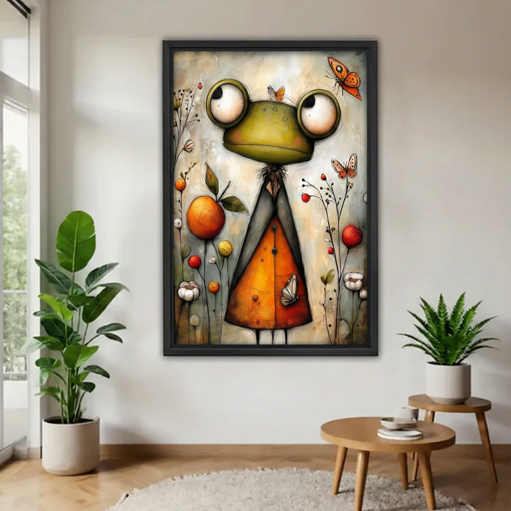 Black framed frog butterfly wall art with orange accents displayed between potted plants near a window.