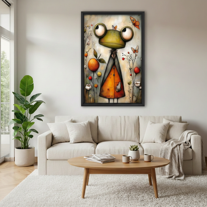 Black framed frog butterfly wall art above a beige sofa with a wooden coffee table.