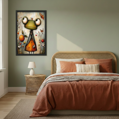 Framed frog butterfly wall art on a sage green bedroom wall beside a rattan bed.