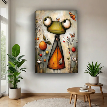 Unframed frog butterfly wall art displayed beside a bright window, leafy plants, and wooden nesting tables.