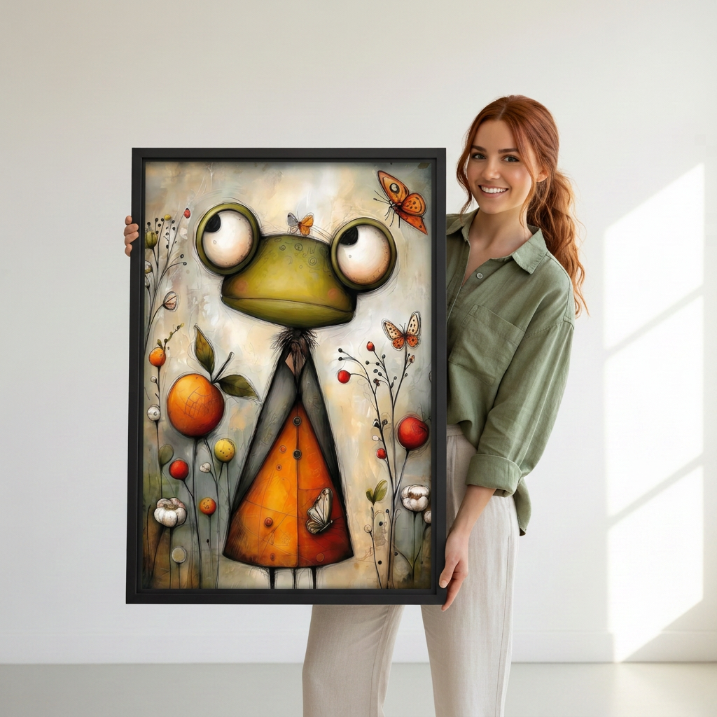 Smiling woman holding black framed frog butterfly wall art featuring an orange outfit and delicate botanical details.