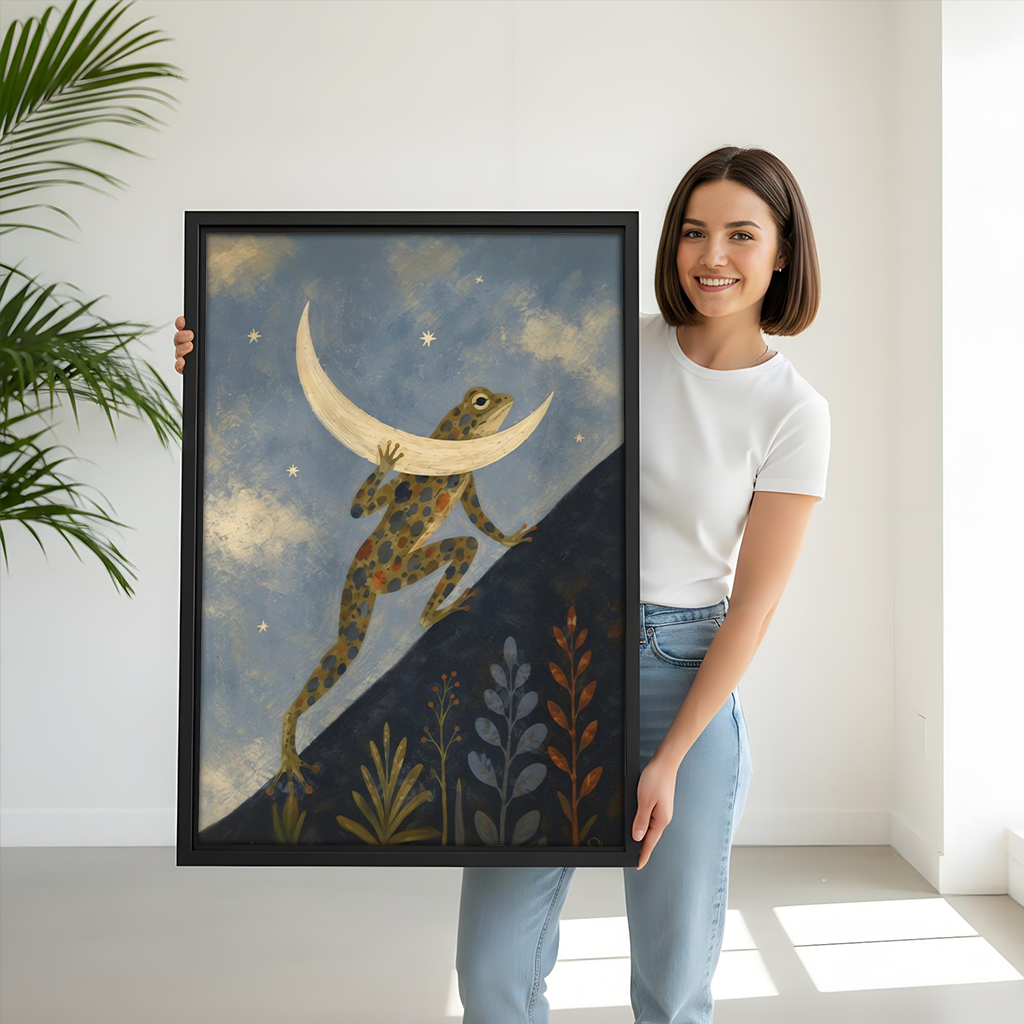 Framed frog and crescent moon canvas wall art in a children's bedroom with wooden bunk bed and round rug