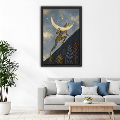 Woman holding a large framed frog carrying the moon canvas wall art in a sunlit white room for scale