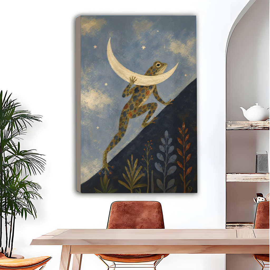 Unframed gallery-wrap frog carrying the moon canvas wall art on a white dining wall beside a green palm
