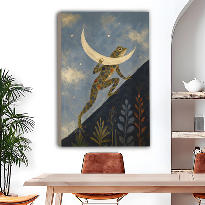 Unframed gallery-wrap frog carrying the moon canvas wall art on a white dining wall beside a green palm