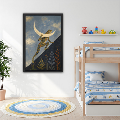 Folk art frog carrying the moon canvas wall art framed in black above a grey sofa with blue cushions