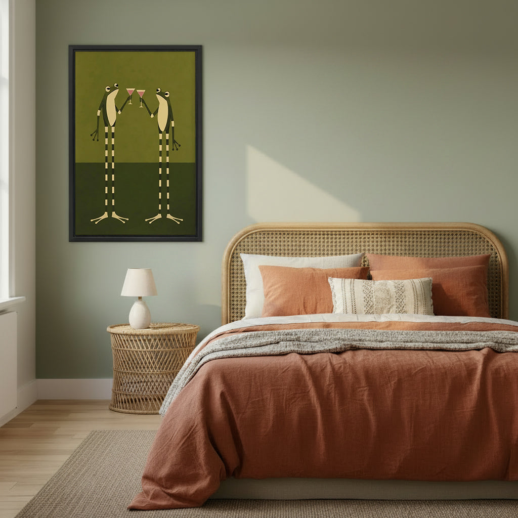 Retro frog cocktail canvas wall art in a sage green bedroom