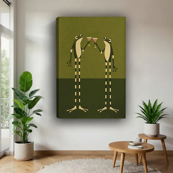 Gallery-wrap frog cocktail canvas wall art in a bright plant-filled corner.