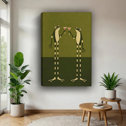 Gallery-wrap frog cocktail canvas wall art in a bright plant-filled corner.