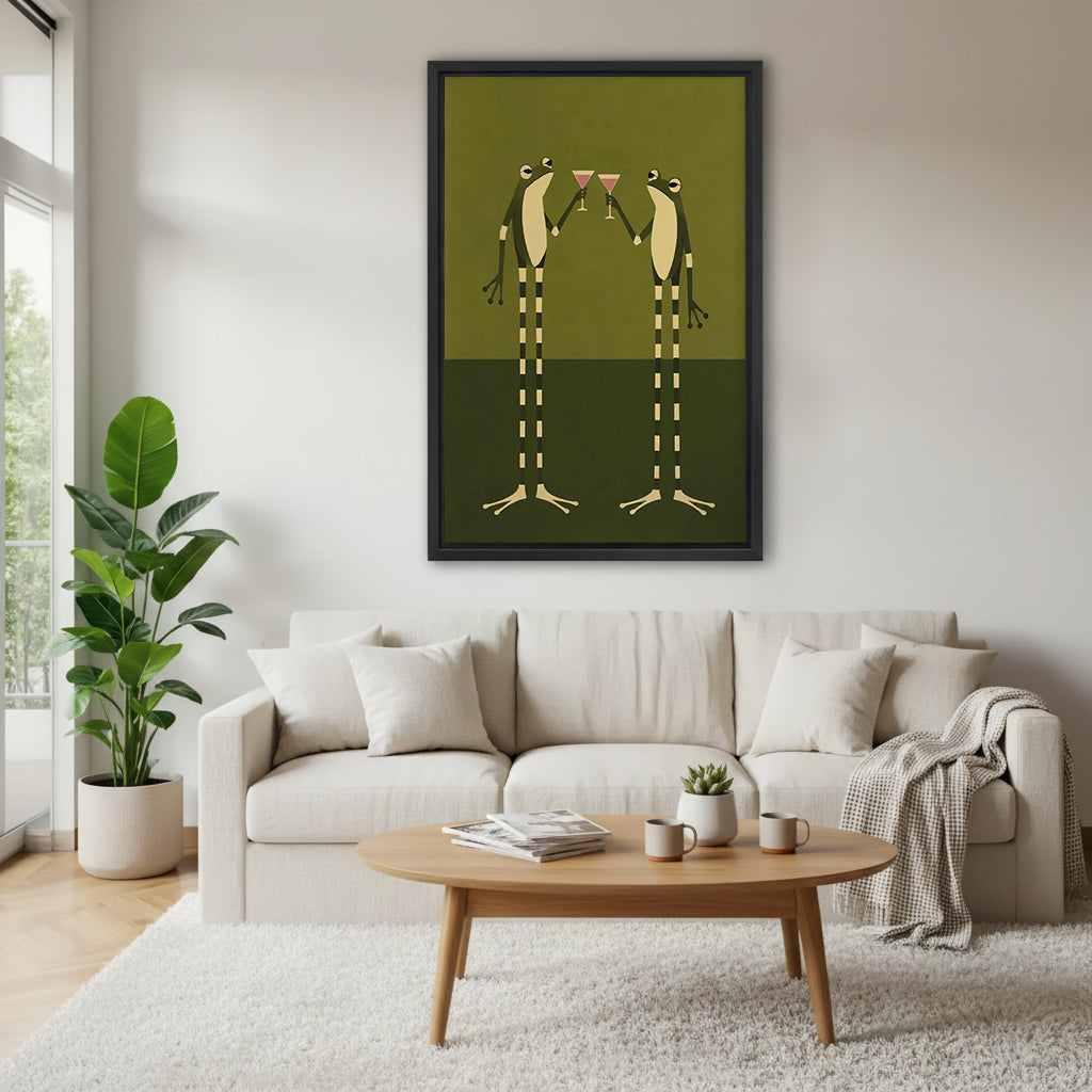 Framed frog cocktail canvas wall art above a cream living room sofa