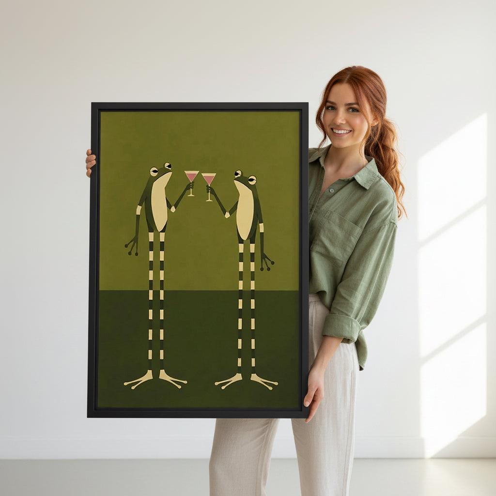 Model holding framed frog cocktail canvas wall art for size reference
